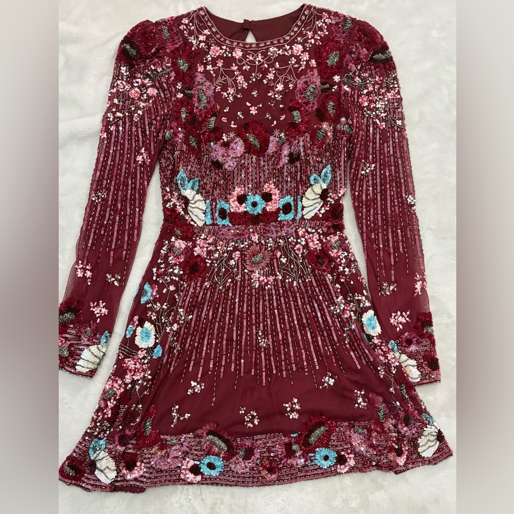 Embroidered Burgundy Long-Sleeve Mini Dress - Picture 2 of 3